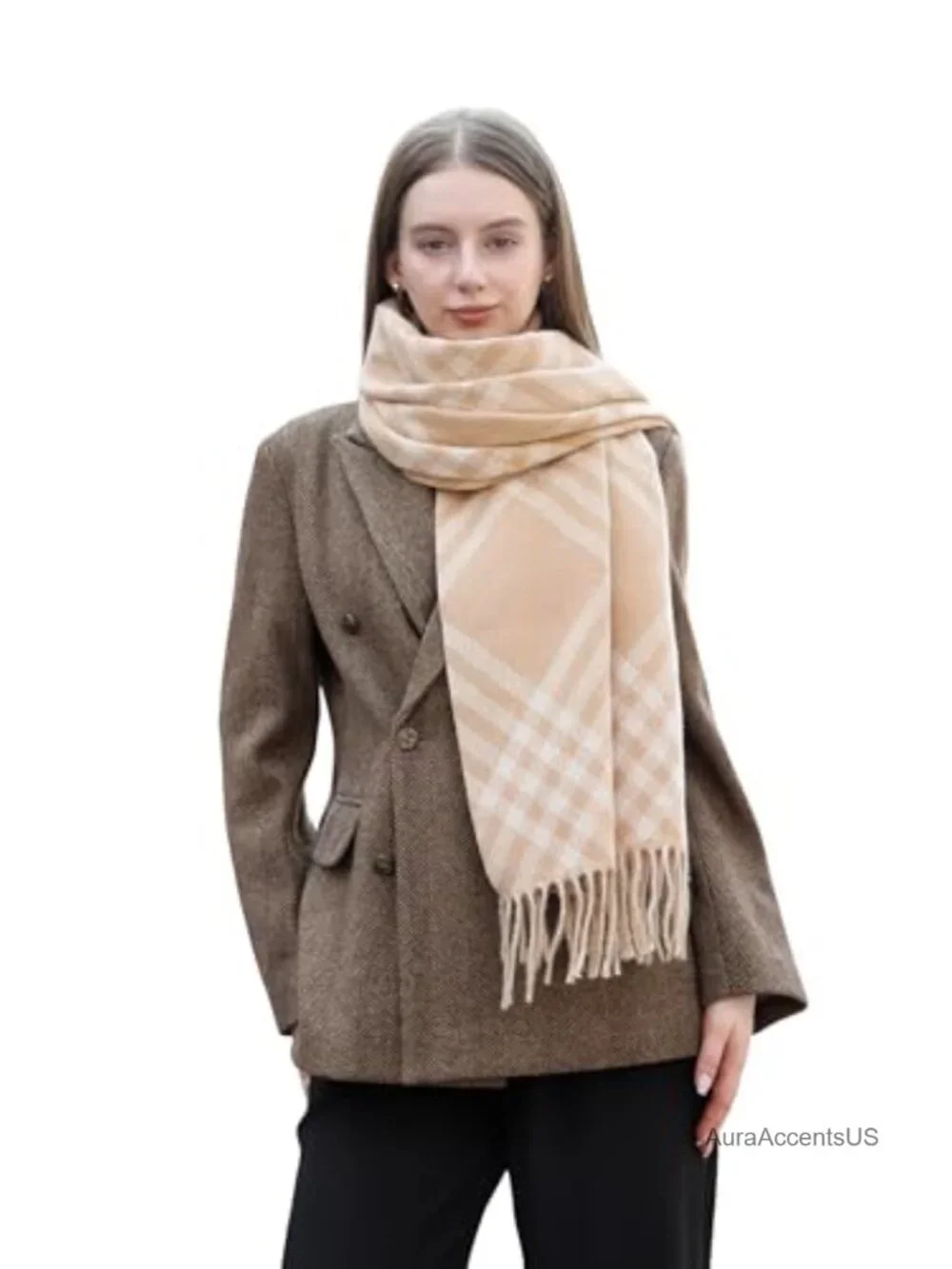 Reversible Plaid Scarf Wrap, Soft Cashmere-Feel, Fringe, Oversized Winter Shawl